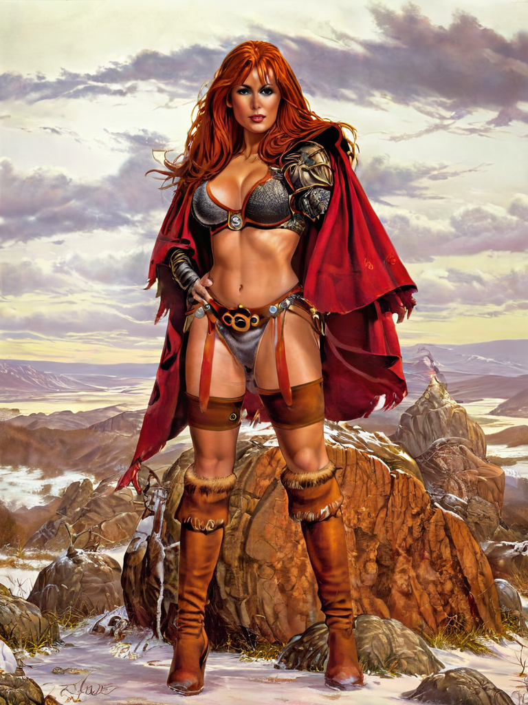 (((nude fantasy illustrations of by Elmore_Style_LX))) , standing pose, Witches and warriors, sexy, skimpy, slutty, red head  supermodel witch, adventure, cinematic, epic outdoor location, fantasy illustration, cinematic scene by forgotten realms, 1woman barbarian, skimpy armor, Huge breasts, bikini armor, sexy barbarian nude , with sword with a magic items, in the background epic winter sunset Fantasy masterpiece by Larry Elmore , dragonlance , <lora:Elmore_Style_LX-000010:0.8>