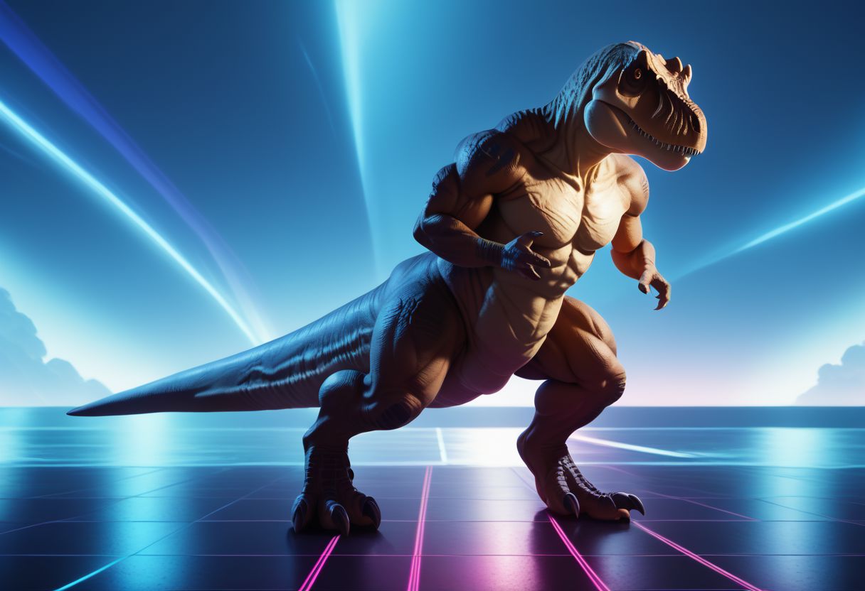 score_9, score_8_up, score_7_up, muscular dinosaur, full body, tyrannosaurus, dramatic lighting, retrowave,