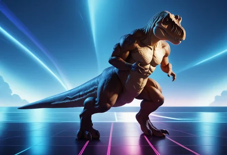 score_9, score_8_up, score_7_up, muscular dinosaur, full body, tyrannosaurus, dramatic lighting, retrowave,