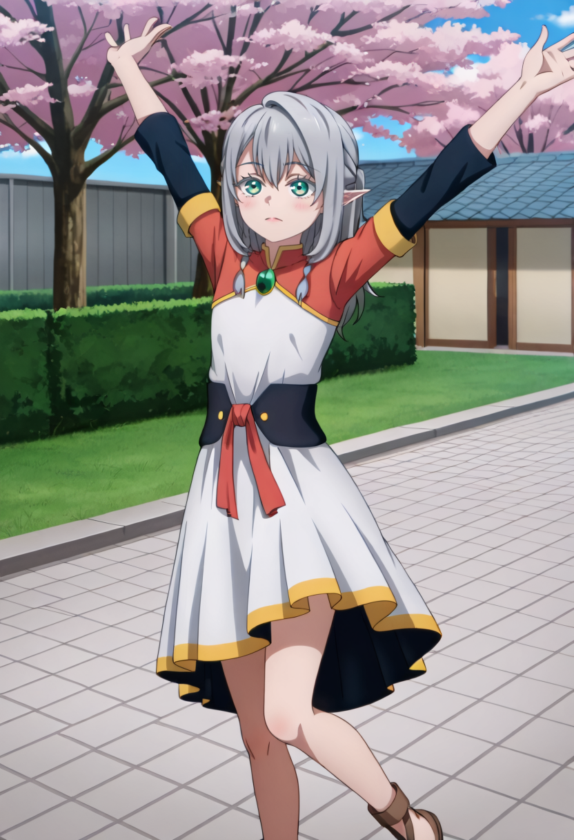 <lora:Young Tessia_IL:1>Young Tessia, 1girl, gray hair, pointed ears, elf, green eyes, white asymmetrical dress with yellow trim, red sash waist tie, black long-sleeve undershirt, green gem pendant necklace, white thigh-high socks, black crisscross strap shoes
 City rooftop bar with cherry blossom trees Graceful stretch: Arms raised above the head in a stretch. indifferent