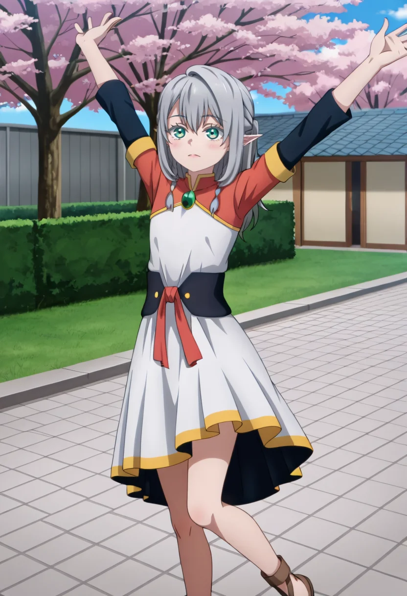 <lora:Young Tessia_IL:1>Young Tessia, 1girl, gray hair, pointed ears, elf, green eyes, white asymmetrical dress with yellow trim, red sash waist tie, black long-sleeve undershirt, green gem pendant necklace, white thigh-high socks, black crisscross strap shoes
City rooftop bar with cherry blossom trees Graceful stretch: Arms raised above the head in a stretch. indifferent