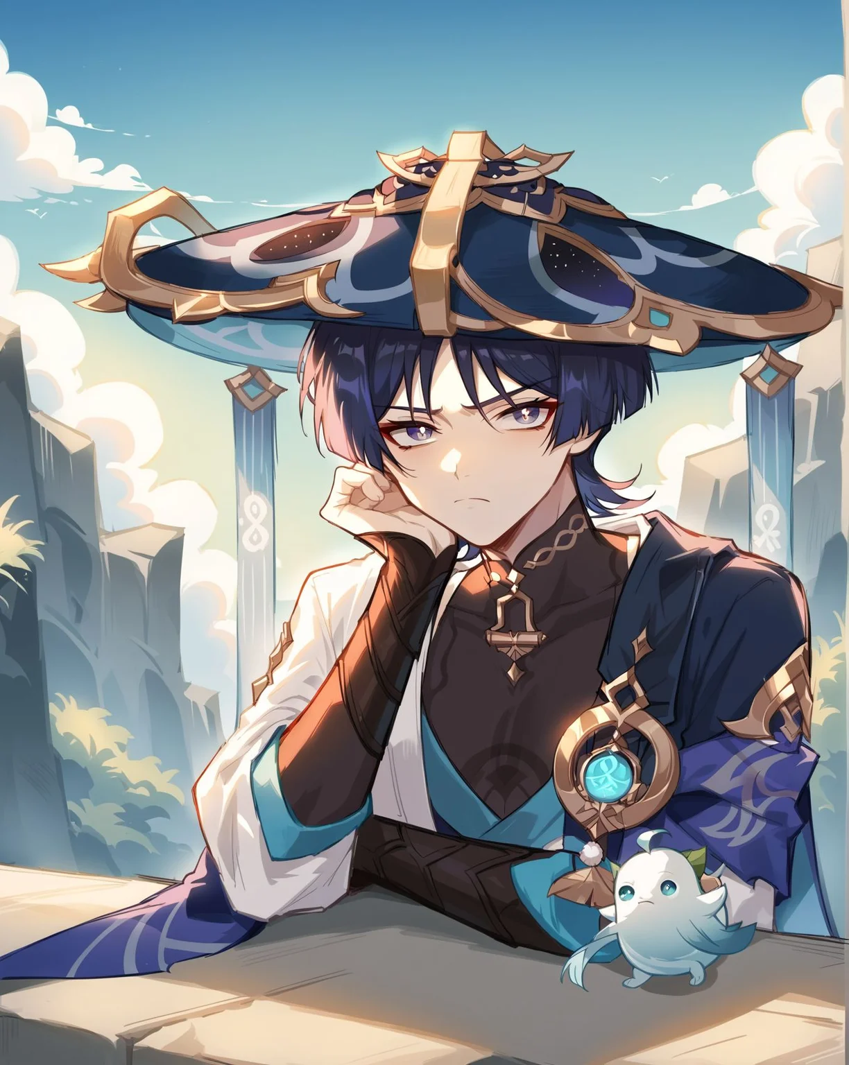 score_9, score_8_up, score_7_up, score_6_up, score_5_up, source_anime, show accurate, rating_safe, vector, solo, sky background, BREAK, 1boy, scaramouche, genshin impact, sitting, bored, arm rest, head rest, looking at viewer, hat, headwear, <lora:scaraXL-fine:0.8> <lora:Smooth Anime Style LoRA XL:1>