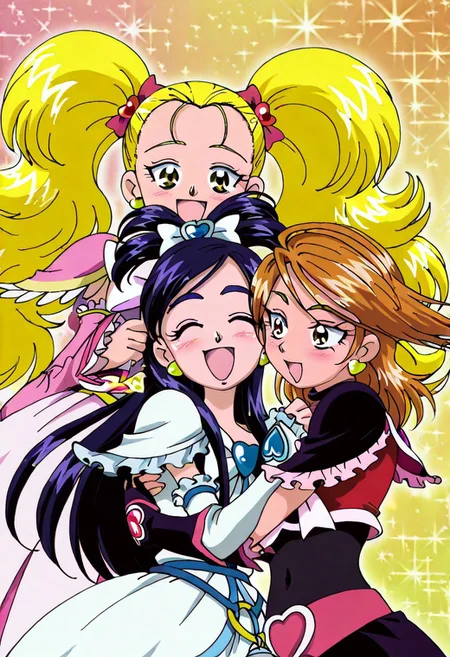 detailed background, shiny skin, hugging,
bloom, sparkle, glitter,
<lora:hutapri.il:1>,
hutapri,
3girls,
curewhite, shinyluminous, cureblack,
yuri, upper body, happy, smile, open mouth, blush, hugging, 3girls hugging,