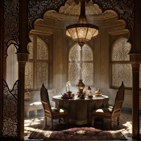 RAW photo, (masterpiece:1.3), subsurface scattering, heavy shadow, (high quality:1.4), (intricate, high detail:1.2), professional photography, HDR, High Dynamic Range, realistic, ultra realistic, photorealistic, high resolution, film photography, ambient lighting, atmospheric effects, <lora:detail_slider_v4:2>, OverallDetail, an arabian room with a couch, a carpet, a small round table with a hookah on it, a window and a lamp, ArIn, <lora:ArabianInteriors-10:1>, epiCPhoto