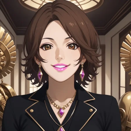 score_9, score_8_up, score_7_up, Expressiveh, detailed face, perfect face, detailed eyes, (pink lipstick:1.5)
tsubaki sawabe, very lomg hair, bangs, brown hair, brown eyes, (japsale:2), jewelry, (necklace:1.5), (long earrings:1.5), (large breasts:1.5)
In a dimly lit, opulent jewelry store nestled within the heart of Tokyo, the camera focuses on a woman with cascading black dresses and a radiant smile that lights up her face. Her eyes sparkle with a captivating grin as she stands before an exquisite display of diamonds, her elegant form clad in tailored black pants and a sleek blouse, the spotlight casting a dramatic contrast between her and the glistening jewels behind her. The camera angle slightly elevated from the ground, emphasizing tsubaki's allure as she invites viewers to join her in a tantalizing exploration of luxury and fashion.