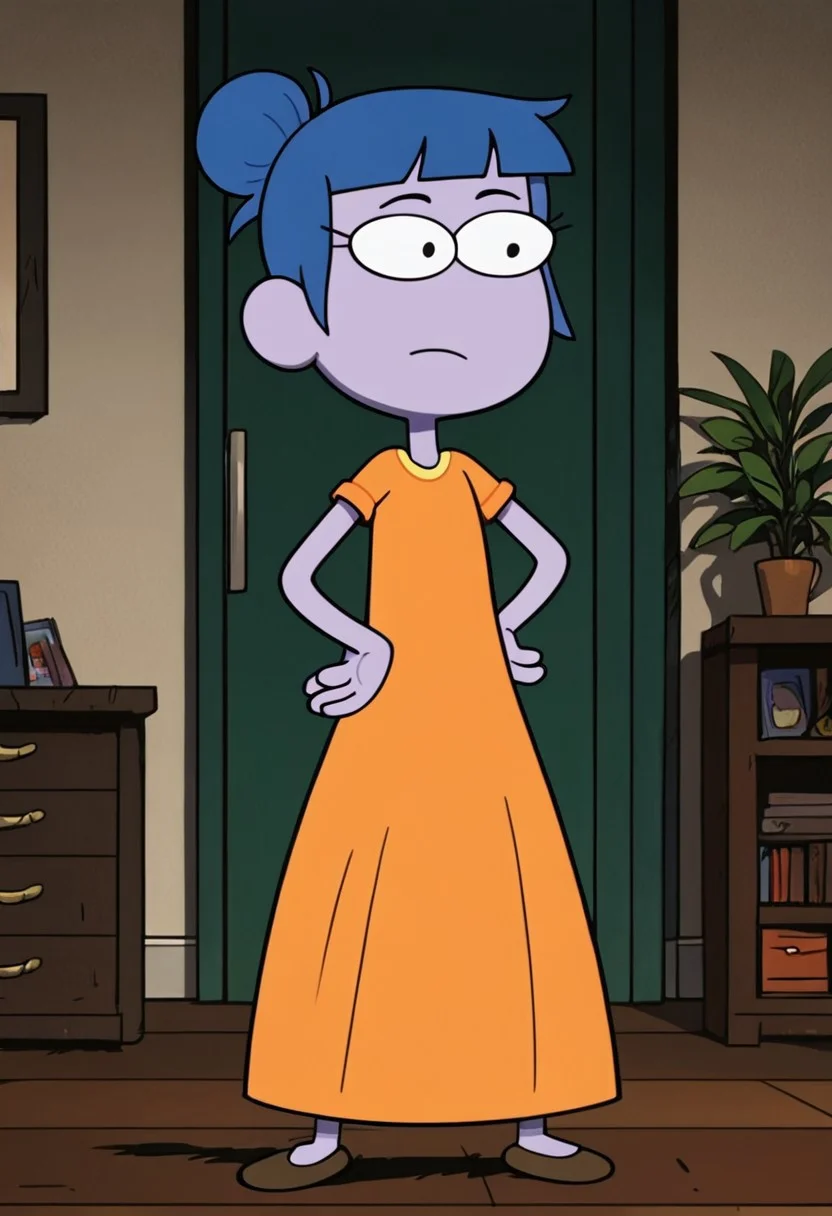 Score_9_up, score_8_up, score_7_up, solo, 1girl, gloriabcg, blue hair, single hair bun, purple skin, long floor length orange prom dress, hands on hips, living room, Expressiveh