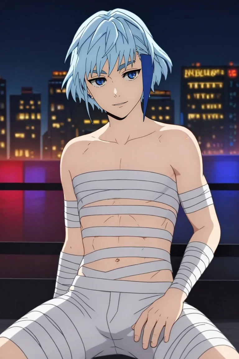 score_9, score_8_up, score_7_up, , rating_safe, , (3d:0.4), , depth of field, 1boy, solo, male focus, <lora:aguero_agnes_khun_pony:0.82>, aguero_agnes_khun, blue hair, blue eyes, short hair, multicolored hair, streaked hair, , cowboy shot, city, city lights, dark, spread legs, light smile, mummy costume, <lora:sdxl_lightning_8step_lora:1>