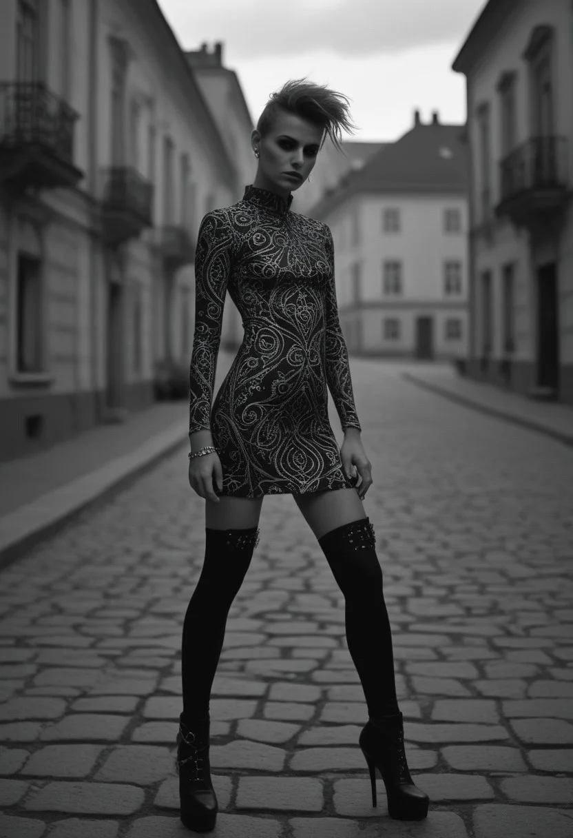 A close up photo of a melancholic supermodel, clad in a punk rock filigree mini dress, punctuated with leggings and workwear high-heels, skilfully poses in the heart of a moody, monochrome 1989’s Eastern Europe town. The intricate patterns of her mini dress dance with the shadows, as if sharing secrets with the deserted streets,