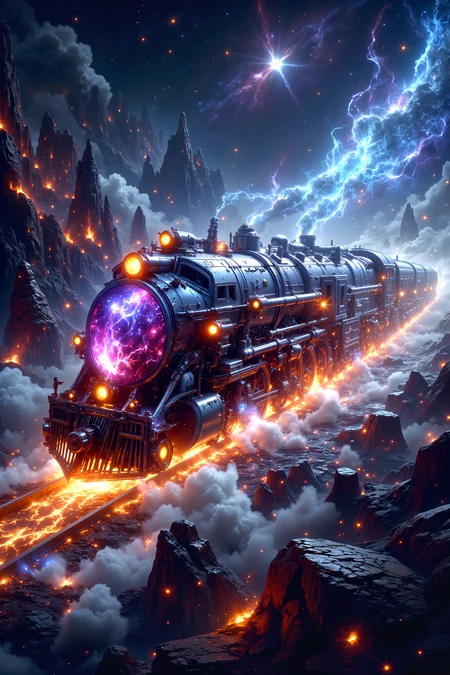 A hyper-realistic portrait, photorealistic colorful photo closeup. An otherworldly locomotive constructed from crystalline structures and glowing minerals, traveling through a vast, alien landscape of floating islands and strange rock formations. The trainâs exterior is adorned with shimmering patterns and its movement creates a trail of sparkling stardust. The scene is illuminated by distant nebulae and vibrant cosmic hues, evoking a sense of grandeur and mystery.(photography, high-resolution, dynamic, energetic,hyper-realistic, dramatic lighting, shallow depth of field.)<lora:DnDDarkestFantasy:0.5><lora:FluxMythP0rtr4itStyle:0.75><lora:Dever_Flux_Enhancer:0.5><lora:Aura_Flux-000010:0.6>
