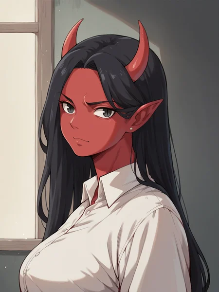 score_9, score_8_up, score_7_up, score_6_up, score_5_up, score_4_up, <lora:gh1bl1XLP:0.8> gh1bl1, 1girl, long hair, curvy, large breasts,demon, red skin, black hair