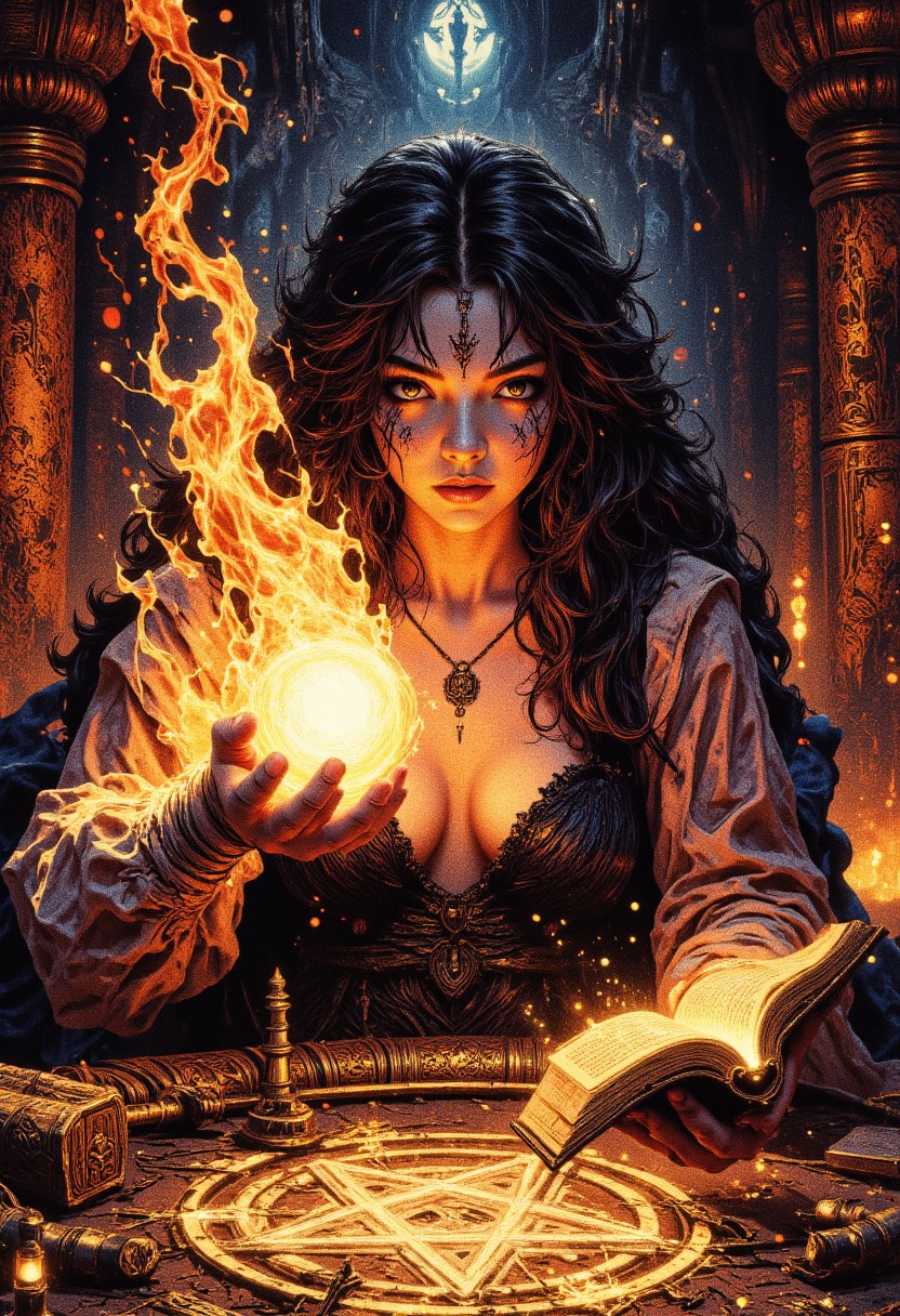 A digital painting in the style of ck-js, R3alisticF, sexy, Dark Moody Atmosphere, Avant-garde, painting, sexy, erotic, best quality, masterpiece (Luis Royo style drawing), detailed face, face in sharp focus and intricate detail, extremely detailed, great lighting, BREAK, quality, intricate details, Mystical light, Fog., sexy, beautiful chinese necromancer girl, evil and mystical, see-through lace blouse, no bra, cleavage, holding spellbook emitting wisps of magic in one hand, hkmagic, explosive fire magic, sultry, mesmerising expression, black magic fantasy crypt, pentagram drawn on the floor with magic runes, magical glow, dark and moody, upper body shot, shafts of light, High Definition HD, High Detail, Perfect Composition
