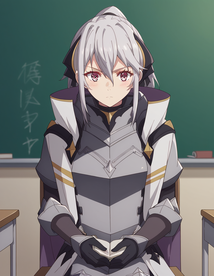score_9, score_8_up, score_7_up, source_anime, <lora:jeanne-e-anise-s1-ponyxl-lora-nochekaiser:1>, jeanne e anise, bangs, purple eyes, ponytail, hair ribbon, black ribbon, hair between eyes, grey hair, medium breasts,, gloves, black gloves, cape, armor, breastplate, classroom, chalkboard, day time, studying, sitting, chair, desk,, , looking at viewer, hands on stomach, blush,, solo,, cowboy shot, dutch angle