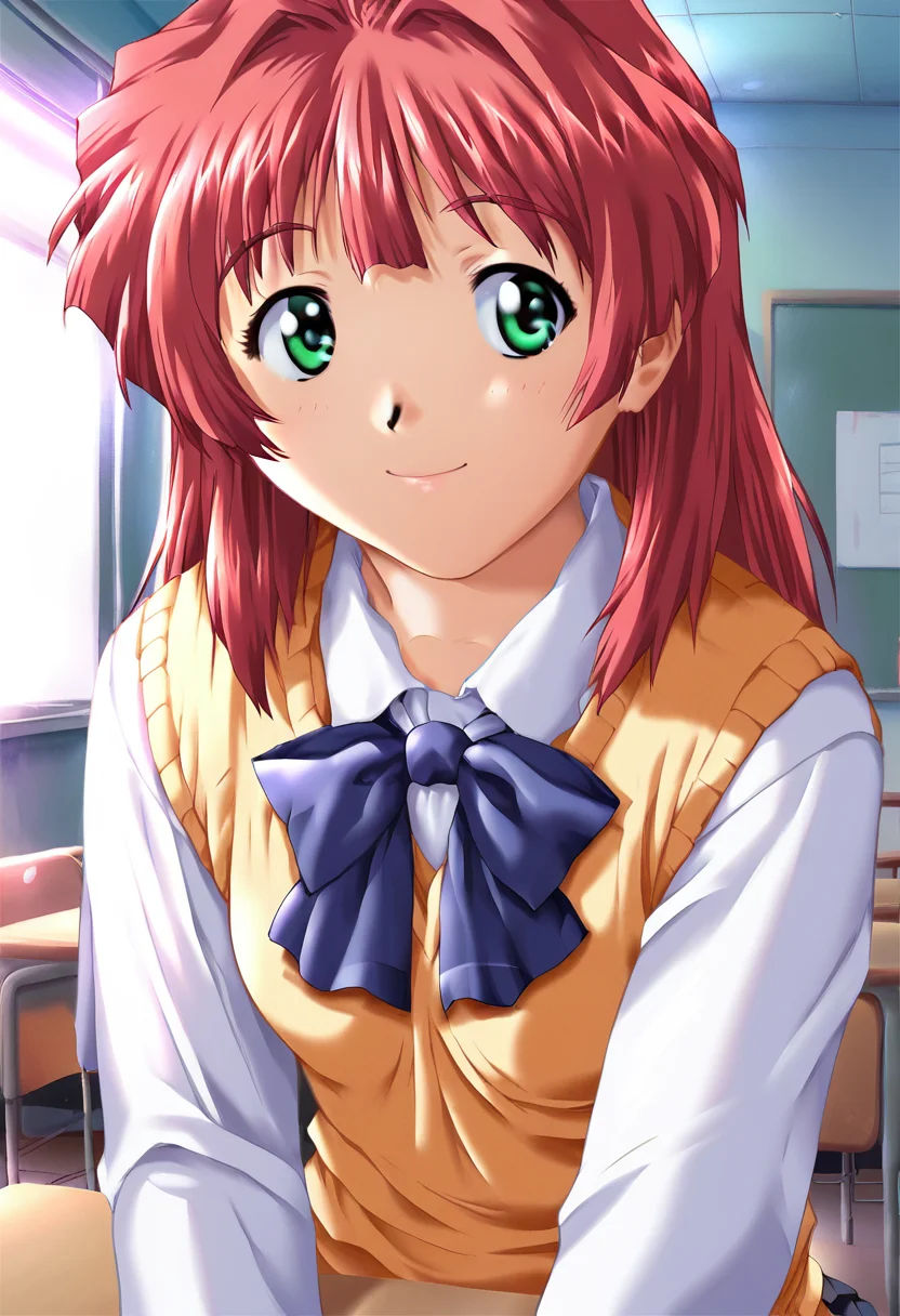 score_9, score_8_up, score_7_up, score_6_up, score_5_up, score_4_up, masterpiece, best quality, BREAK,
1girl, indoors, school, night, <lora:Makoto_Mizuno_GREEN_Screen_of_the_autumn_sky:1> makotom, green eye, red hair female, school uniform, shirt, sweater vest, smile,
