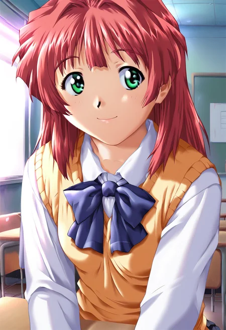 score_9, score_8_up, score_7_up, score_6_up, score_5_up, score_4_up, masterpiece, best quality, BREAK,
1girl, indoors, school, night, <lora:Makoto_Mizuno_GREEN_Screen_of_the_autumn_sky:1> makotom, green eye, red hair female, school uniform, shirt, sweater vest, smile,