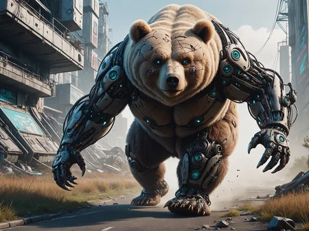 cyberanimals bear running ubran waste land, cyberpunk <lora:Neon_Cyberpunk_SDXL_Cyberanimals:0.8>, (masterpiece:1.2), best quality, (hyperdetailed, highest detailed:1.2), high resolution textures