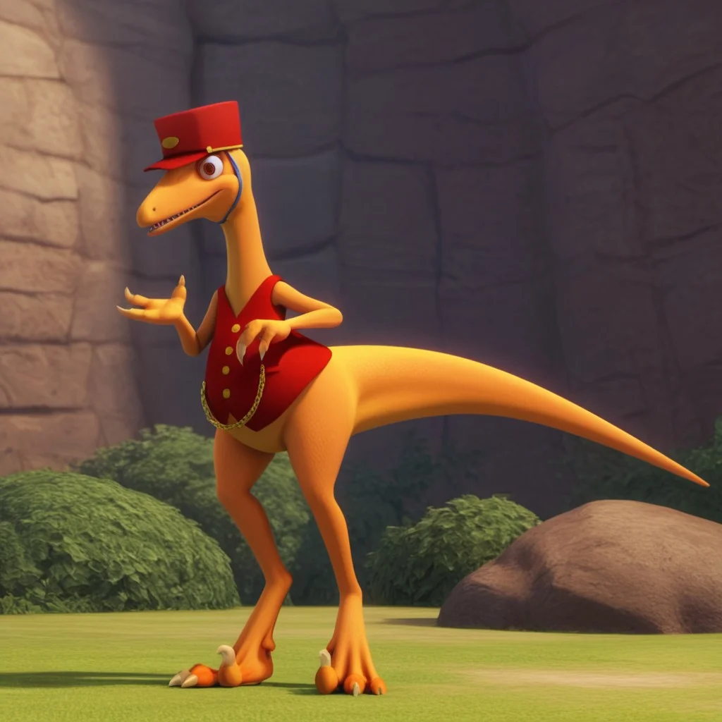 score_9, score_8_up, score_7_up, score_6_up, score_5_up, score_4_up, source_furry, dtmrconductorv2, semi-anthro, male, Troodon, orange skin, brown eyes, dinosaur, red vest, gold buttons, gold chain, red hat, chinstrap, standing, outside,