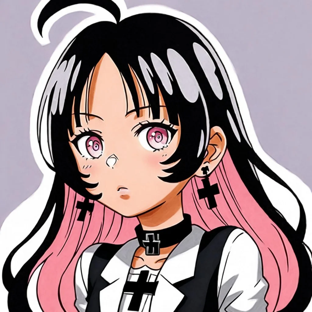 Akari Jogasaki, female, woman, girl, light pink eyes, multicolored hair, two-tone hair, two tone hair, black and pink hair, long hair, black cross earrings, black choker, black collar, perfect anatomy, detailed face, perfect face, detailed eyes, gorgeous, perfection, perfect, insanely detailed, HD, perfect eyes, perfect hands, perfect anatomy, best quality, masterpiece, beautiful, EyesHD, detailed, relaxed, hands behind back, arms behind back, clothing, clothes