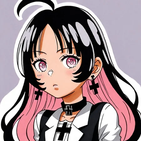 Akari Jogasaki, female, woman, girl, light pink eyes, multicolored hair, two-tone hair, two tone hair, black and pink hair, long hair, black cross earrings, black choker, black collar, perfect anatomy, detailed face, perfect face, detailed eyes, gorgeous, perfection, perfect, insanely detailed, HD, perfect eyes, perfect hands, perfect anatomy, best quality, masterpiece, beautiful, EyesHD, detailed, relaxed, hands behind back, arms behind back, clothing, clothes