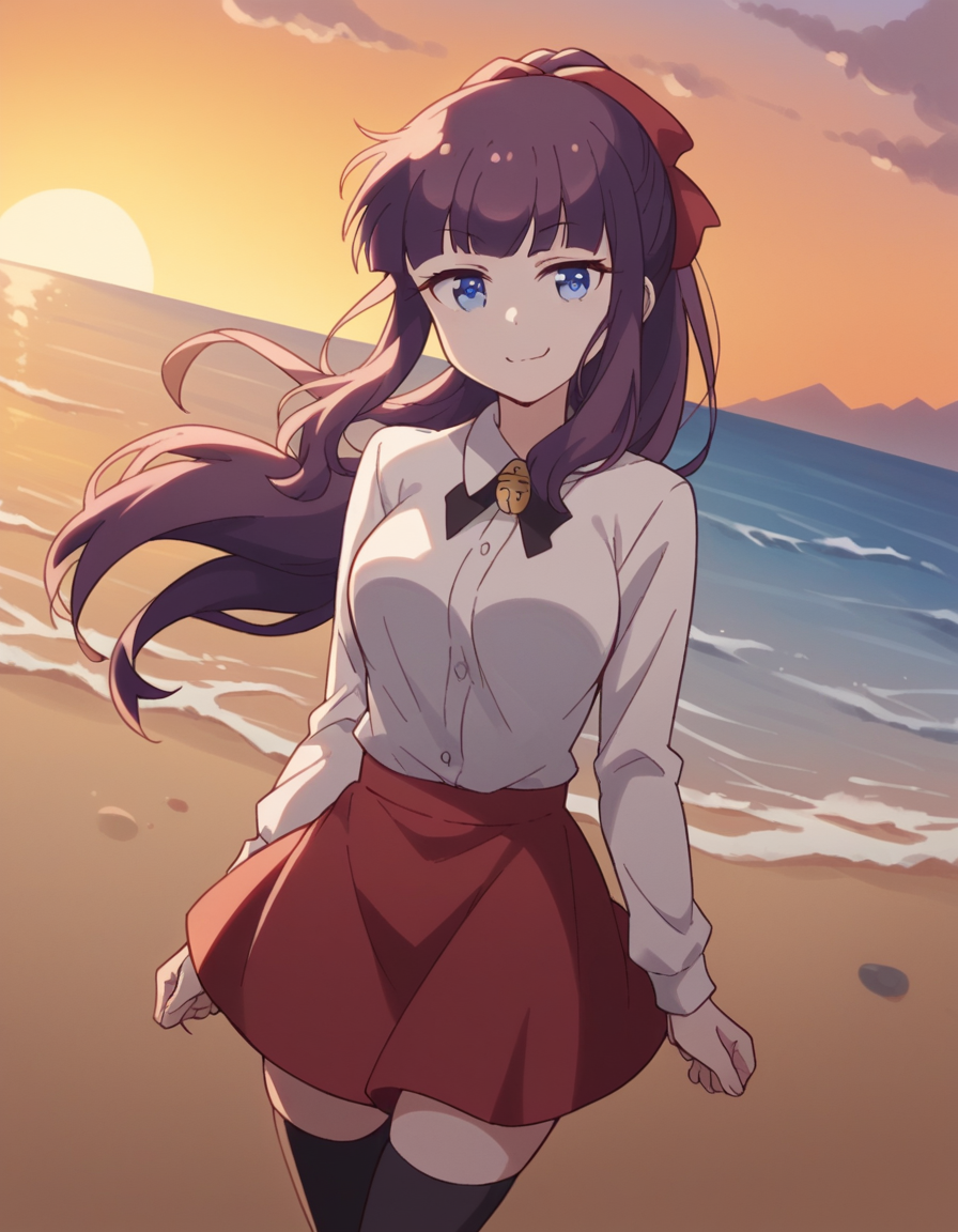 score_9, score_8_up, score_7_up, source_anime, <lora:hifumi-takimoto-s2-ponyxl-lora-nochekaiser:1>, hifumi takemoto, long hair, bangs, blue eyes, bow, ponytail, purple hair, hair bow, medium breasts, skirt, shirt, thighhighs, white shirt, black thighhighs, red skirt,, beach, sunset, walking along shore, footprints in sand, waves, peaceful, , looking at viewer, smug, solo,, cowboy shot, dutch angle