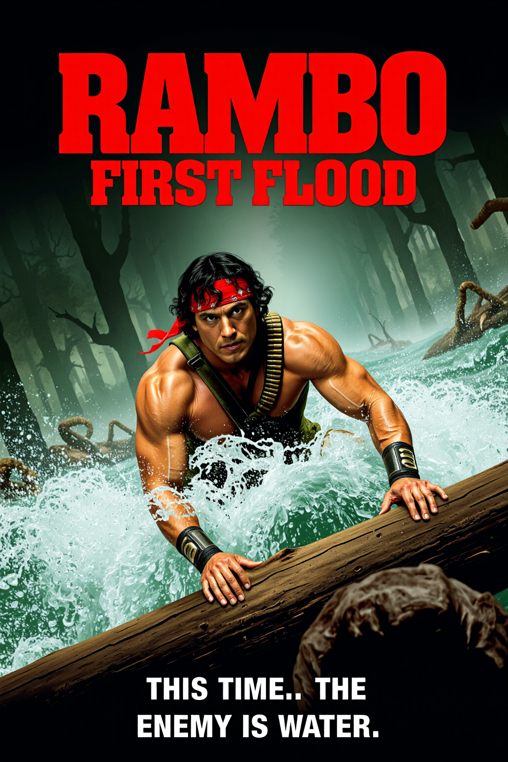 mvpstr. Epic Movie poster titled "Rambo: First Flood," featuring a muscular, bandana-wearing Rambo character caught in a raging flood, desperately clinging to a floating log as he's swept away by powerful currents. His iconic combat gear and bandolier of bullets are soaked and slipping, with water spraying in all directions. His expression is intense but comically determined, struggling against the forces of nature. Background shows a flooded forest with trees and debris floating past. Bold, action-movie-style lettering spells "Rambo: First Flood" at the top, with the tagline "This time, the enemy is water." Intense, cinematic lighting, exaggerated details, dramatic comic-book style, with a slight grainy film texture. <lora:schnell_v1.0:1.0> <lora:EpicMoviePoster-000015:1.0>