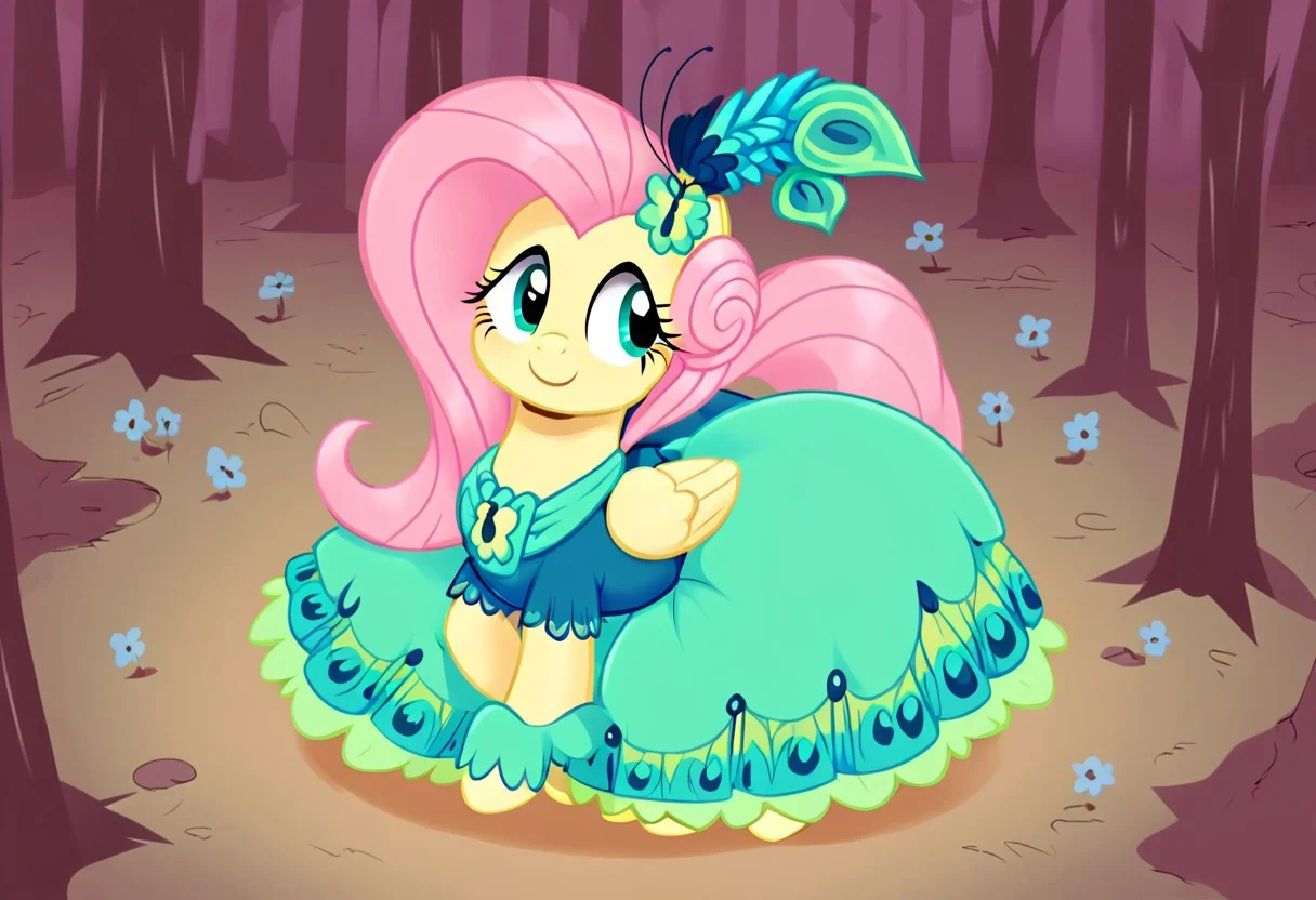 score_9, score_8_up, score_7_up, score_6_up, score_5_up, score_4_up, rating suggestive,my little pony, ((feral pony)), 1girl, ((solo)), (sexy),beautifully detailed, (detailed cute pony face), ((detailed forest background:1.5)), ((woman)), high angle, (cute smile:1.0), ((up-close)) 1girl, ((solo)), (sexy,huge butt,hyper hips), full body, walking in the forest <lora:Fluttershy_second_Gala:1>Fluttershy, a beautiful dress resembling peacock feathers in green and turquoise tones, a head decoration with feathers and an additional flower,tigh clothes,