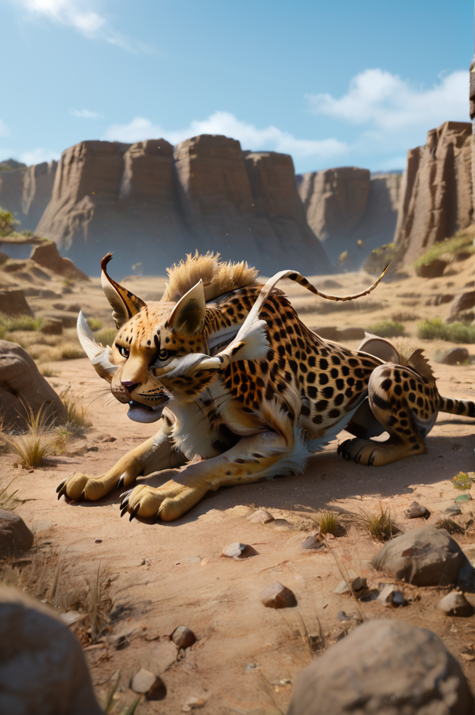 source_furry, score_9, score_8_up, score_7_up, (coeurl_xv, monster, feline, feral), fur, body fur, yellow fur, black dotted, white hair, animal ears, yellow eyes, detailed eyes, animal nose, whiskers, long whiskers, paws, claws, tail, <lora:FF_CoeurlPony09:0.8>, outdoors, desert setting, from side, lying, on a rock, look at viewer, view from below, looking angry, zPDXL2, zPDXLpg, zPDXLrl, best quality, highly detailed, extreme details, masterpiece, photorealistic, hyperrealistic, ultra realistic, hdr, 4k, uhd, ray tracing, shaded