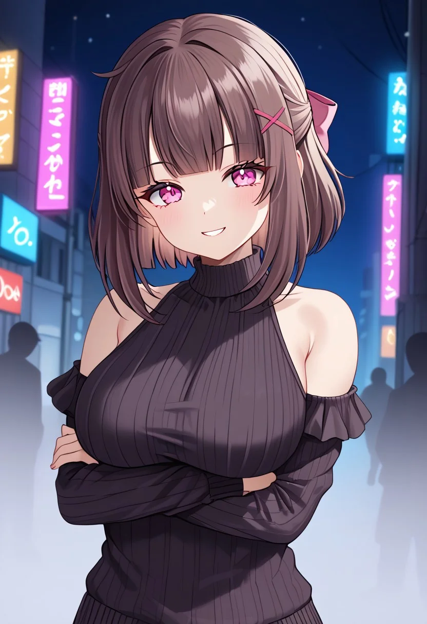 1girl, solo, solo focus, highres, absurdres, Shondo1st, bangs, pink eyes, hair bow, brown hair, medium hair, sidelocks,
black sweater, shoulder cutout, bare shoulders, large breasts, ribbed sweater,
looking at viewer, evil smile, head tilt, crossed arms, arm under breasts,
city, street, neon lights, night, night sky, backlighting, silhouette,