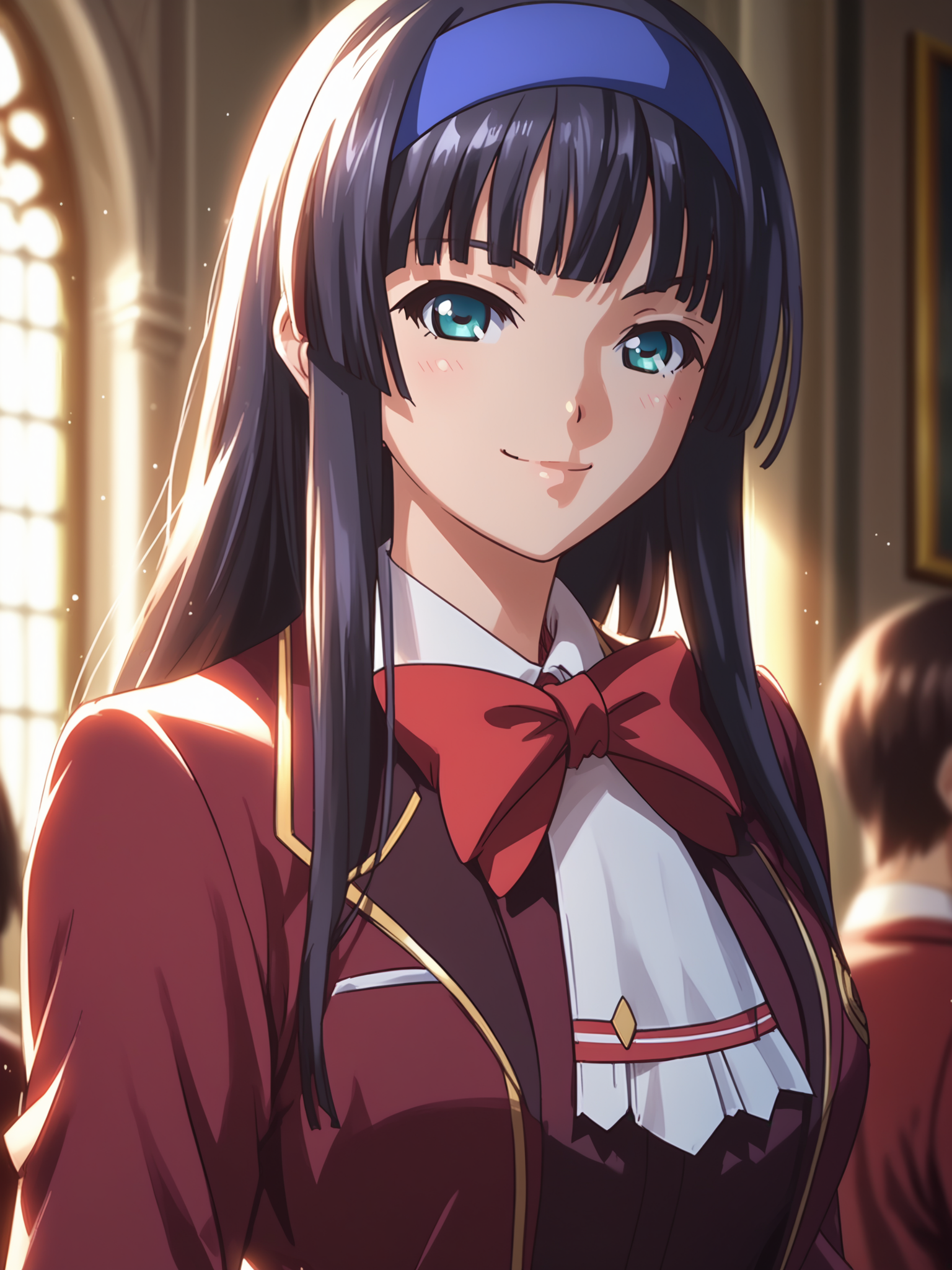 <lora:happy_tentacle-olivia-v0.2-000018:0.9>, ht_olivia, blue hairband, necklace, medium breasts, school uniform, blazer, red bow, red tie , cowboy shot, 1girl, (petite:1.2), solo focus, smile, , (looking at viewer:1.1), indoors , backlighting, (depth of field:0.8), , [(realistic, photorealistic:1.2):(realistic:1.3):22], [(3d:1.2)::10], <lora:LUUNA's Lunas-NijiJourney-SDXL-B2:0.5>, nijijourney, <lora:prgfrg23's Counterfeit-V3.0 Style SDXL_LoRA_Pony Diffusion V6 XL:0.35> score_9, score_8_up, score_7_up, score_6_up, score_5_up, score_4_up,