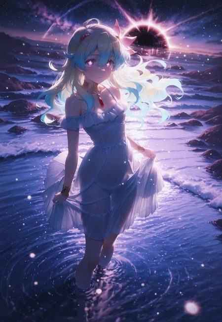 masterpiece, best quality, very aesthetic, absurdres, amazing quality,
1girl, nia teppelin,cross-shaped pupils, long hair, two-tone hair, multicolored hair, solo,glowing purple strips, endless sea, long hair, breasts, waves, standing, outdoors, stern eyes, dynamic pose, sundress, wet clothes, closed mouth, reflection, partially submerged black hole, underwater black hole, off one shoulder, orange_event_horizon,glowing, star,cosmic horror, close up, looking at viewer, reality fracture, glitch, abstract, skindentation, distorted perspective,
detailed clothes, detailed background, (sexy, slutty, hot), ink painting background, dutch angle, ultra-detailed face, dynamic light, light particles, beautiful light, soft shadows, raytracing,ambient occlusion,
dutch angle, mitsumi masato,