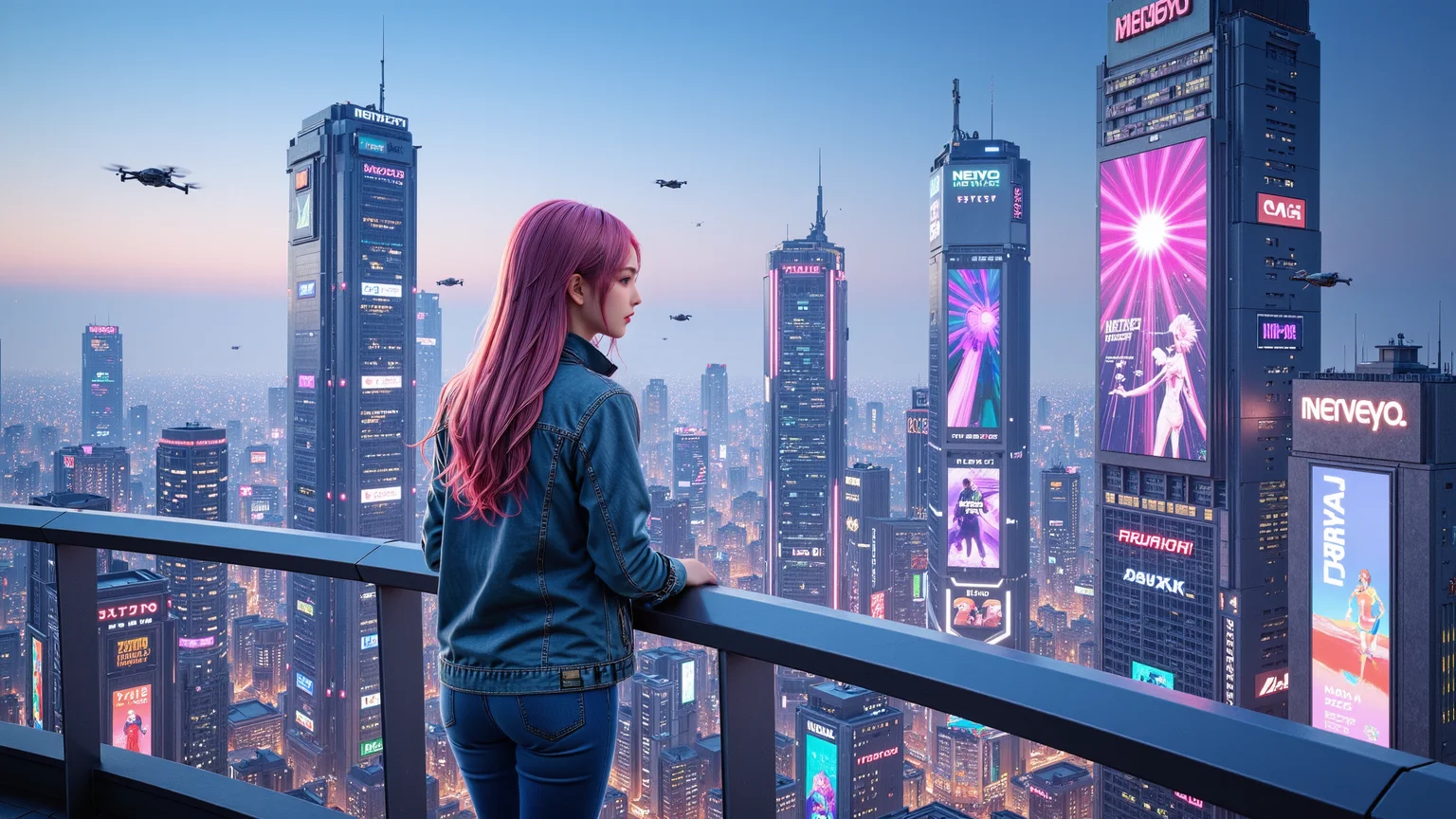A 20-year-old girl with long pink hair,wearing a distressed denim jacket and form-fitting denim pants,leans slightly on a high-rise balcony railing,observing the lively streets below. The skyline is dominated by high-tech skyscrapers adorned with neon lights,flying drones,and virtual advertisements. She is surrounded by a cool blue and purple glow from the city's countless electronic displays,and a soft wind makes her hair flutter. The feeling of a futuristic megacity pulsates around her.,<lora:kcyberpunk-01:0.6>,kcyberpunk,<lora:yuukananri-base-02-flux:0.8>,yuukananri,she has a slender physique and a petite build,