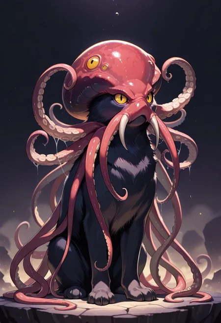 (masterpiece, best quality, high quality, highres), very awa, highres, absurdres,
(no humans:1.1), (solo:1.2), full body,
(black cat:0.6), (octopus:0.7), (fluffy:0.4), (tentacles:0.7), (multiple limbs:0.7), paws,
fantasy magical library,