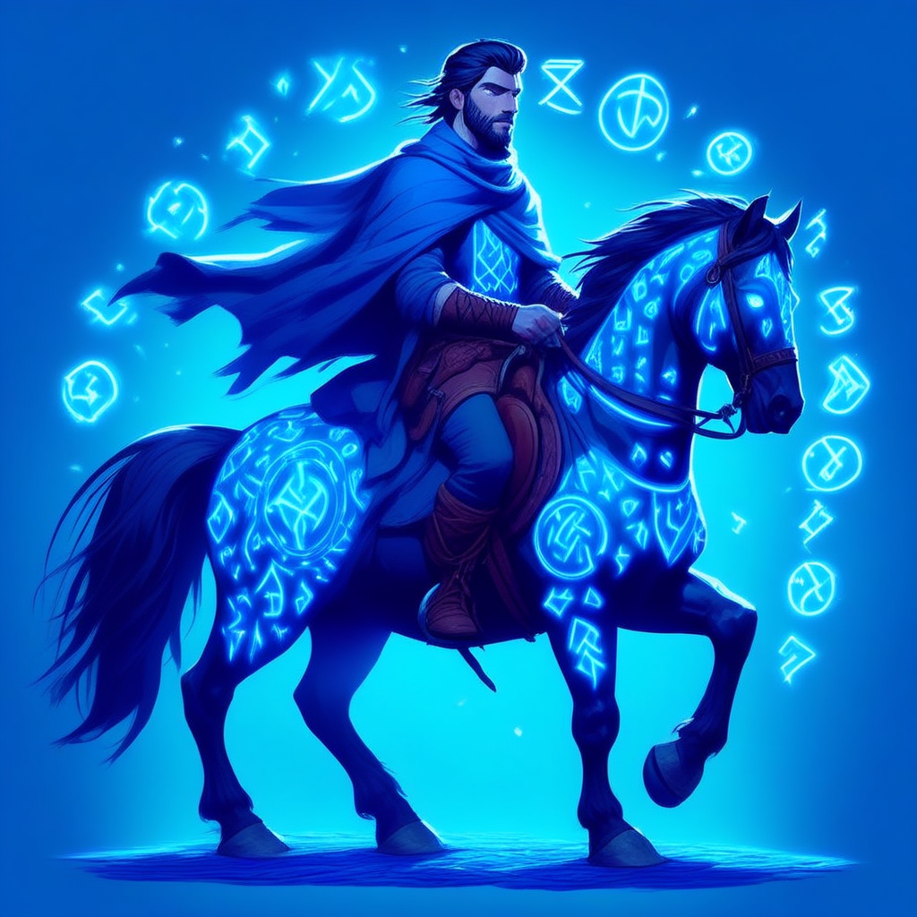 glowing runes, a man riding a horse with glowing blue runes on its body, cartoon realistic