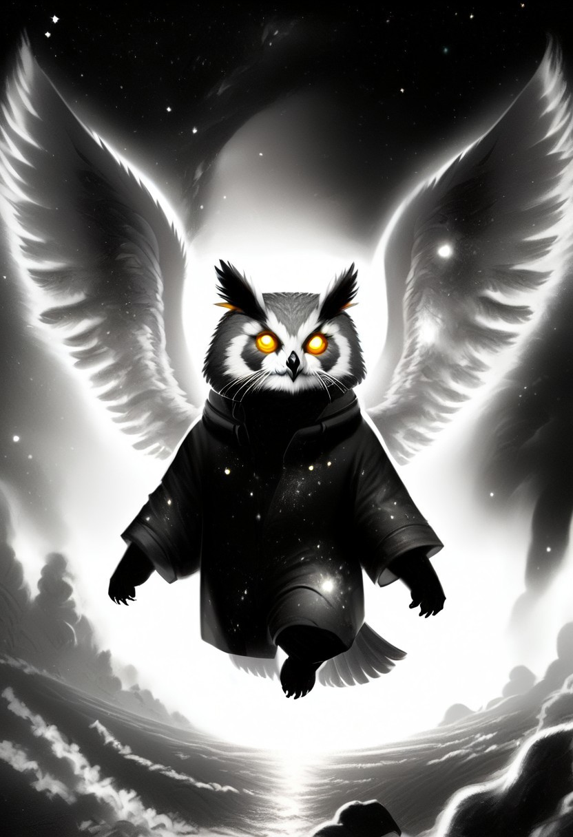 Score_9, Score_8_up, Score_7_up, lora:Navi_Celestial_Skin_PonyXL:1.1 nv-celestialskin, redpandafolk, rabbitfolk, owlfolk, foxfolk, sketch, monochrome, greyscale, YR_GradLight, 0u73r5p4c3, space, planet, nebula, galaxy, asteroid, GalaxyTelepurteSDXL, StarrySkies, scenery, stars (sky), background, night sky, vibrant colored skin, void cosmic body, deep black skin, ethereal silhouette, nebula patterns, animal theme focus, majestic owl