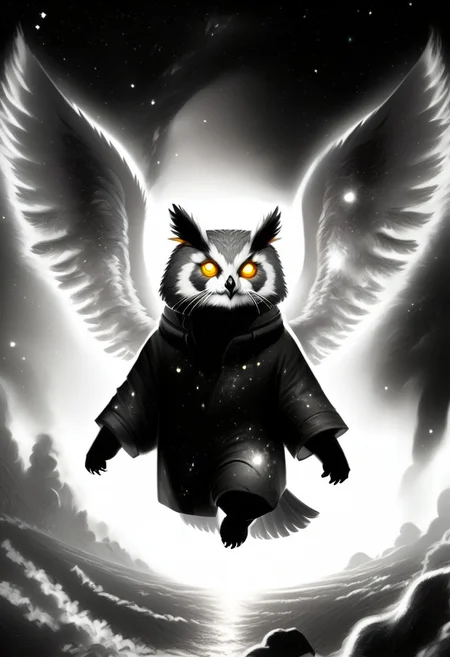 Score_9, Score_8_up, Score_7_up, lora:Navi_Celestial_Skin_PonyXL:1.1 nv-celestialskin, redpandafolk, rabbitfolk, owlfolk, foxfolk, sketch, monochrome, greyscale, YR_GradLight, 0u73r5p4c3, space, planet, nebula, galaxy, asteroid, GalaxyTelepurteSDXL, StarrySkies, scenery, stars (sky), background, night sky, vibrant colored skin, void cosmic body, deep black skin, ethereal silhouette, nebula patterns, animal theme focus, majestic owl
