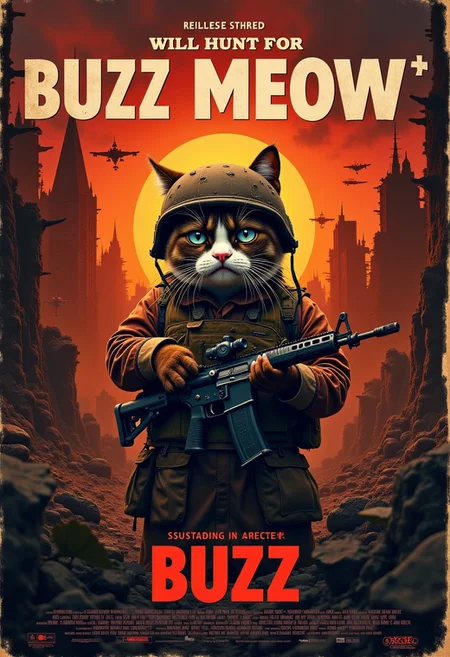 ((((Display the text " will Hunt for BUZZ Meow" on top a movie poster))))
Movie poster for Overhead shot of the Squad orange Grumpy Cat reimagined as a battle-hardened RUSSIAN special forces in the ruined city in europe. Orange Cat, dressed in rugged russian military gear with a helmet slightly askew, holds a modern assault rifle with a determined yet perpetually unimpressed expression. The ruined city after war around him is dark and foreboding, with thick foliage, a misty atmosphere that hints at the dangers lurking within. In the background, a10 warthog soar above the treetops, their silhouettes barely visible through the smoky, war-torn red sky at Sunset. The title "will Hunt for BUZZ Meow" is boldly displayed at the top, with a gritty, distressed font that echoes classic war movie posters. The overall tone of the poster is intense and surreal, combining the seriousness of a Gulf War epic with the humorous, deadpan attitude of Grumpy Cat. <lora:schnell_v1.0:0.8>
((((Display the text " BUZZ mercenaries" on a movie poster))))