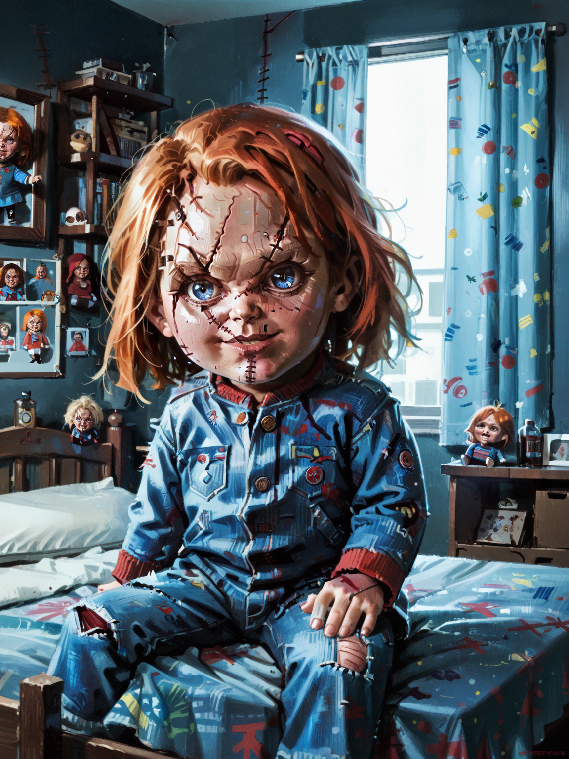 <lora:Chucky:0.8>, chuck3y, 1boy, blue eyes, orange hair, stitches, doll, chibi, denim jacket, sitting on bed, room, college room, shelf, bed sheet, table, smile, window, night, solo, dark, <lora:AlexanderMandradjiev:0.8>, zPDXL3, score_9, score_8_up, score_7_up, score_6_up, score_5_up, score_4_up, realistic, source_real