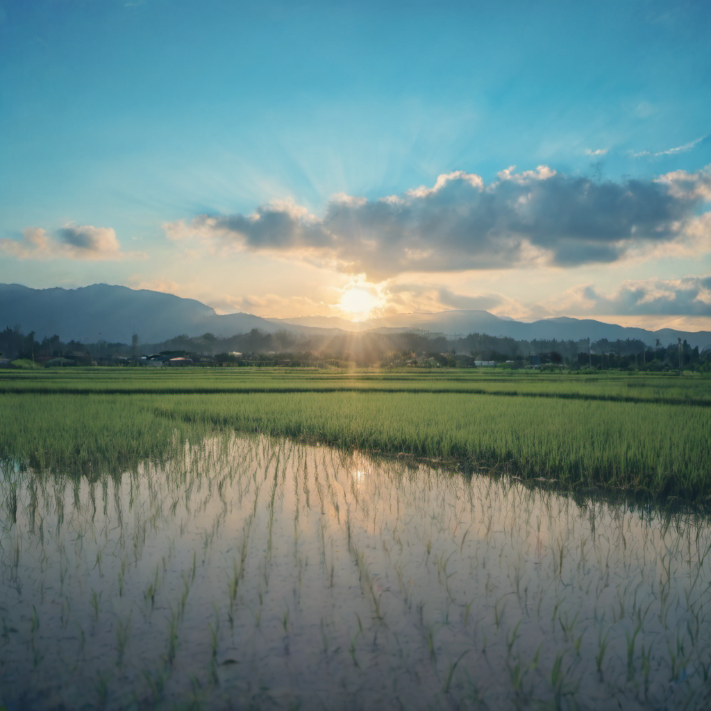 photograph,realistic,8k,detailed,summer,rice field,paddle,reflection,close-up,scenery,blue sky,sunlight,shadow,huge cloud,blue background,blurry background,blurry foreground,no humans,<lora:Rice_field_r2:0.8>