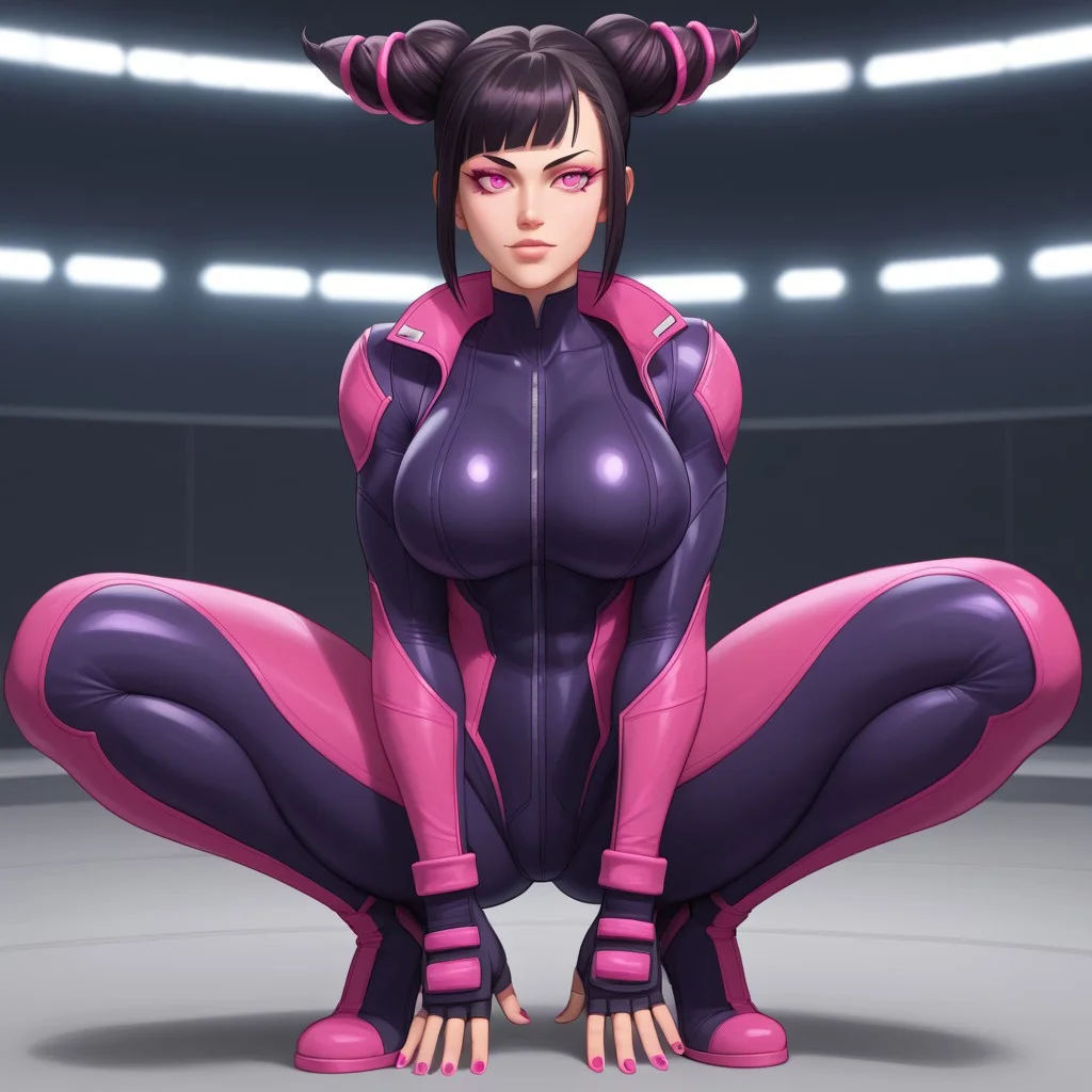JuriST6, Outfit1, Light skin, Pink eyes, patch on left eye, pink nails, black hair, hair with two high buns, hair decorated with pink rings, Tight full body suit, deep neckline, highlighting the neckline, dark purple and pink suit, toned body , big breasts