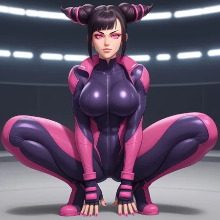 JuriST6, Outfit1, Light skin, Pink eyes, patch on left eye, pink nails, black hair, hair with two high buns, hair decorated with pink rings, Tight full body suit, deep neckline, highlighting the neckline, dark purple and pink suit, toned body , big breasts