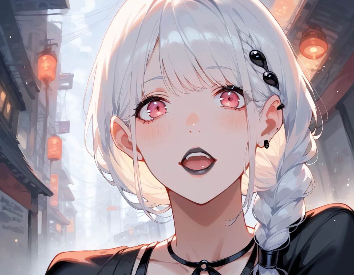 (score_9,score_8_up,score_7_up:1), 1girl, full body, close up chest focus, horror, daylight, warm tones, happy, (goth, (black lipstick, black mascara, black eyeshadow)), (skinny), white hair pink highlights, queens braid hairstyle, choker, eyeshadow)), (albino scarred skin), large breasts, <lora:breasts++-PD-round-1.0:1>, (sitting on object), rain diner, (black fancy dress, white trim, goth), <lora:Our Muted Future Pony V2:1> OMFV2