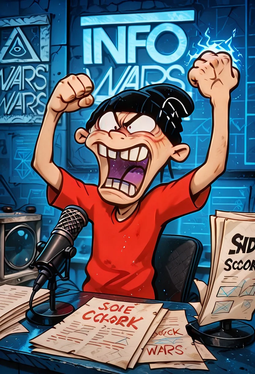 embedding:IllusP0s, info wars, white logo, blue wall, microphone, desk, 1boy, solo, open mouth, angry, yelling, eddboi, sockhead, smooth black beanie, red shirt, fist raised, holding papers