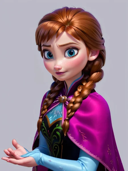 score_9, score_8_up, score_7_up, autom outfit, anna, A stylized character with long hair styled in a braid, wearing a purple cape, elsa \frozen\, 1girl, looking at viewer, blush, blue eyes, simple background, brown hair, long sleeves, closed mouth, upper body, parted lips, grey background, twin braids, pink cape,   
 <lora:princess_rc_pony_v2:0.8>