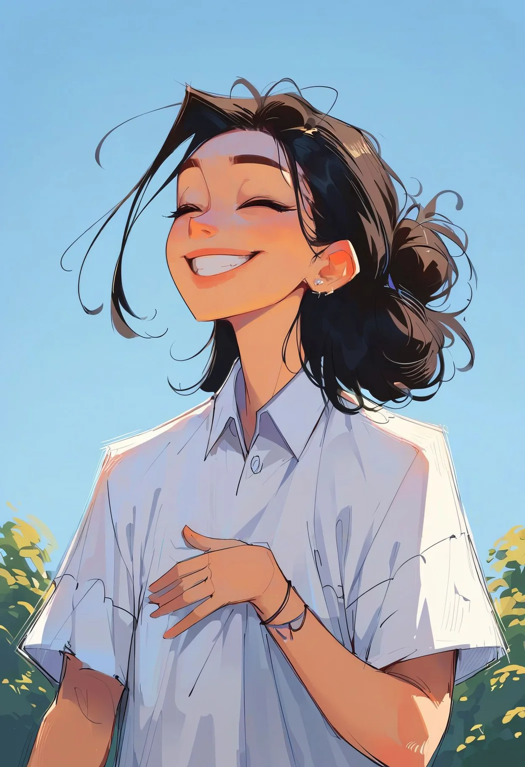score_9,score_8_up,core_7_up, <lora:samdoesarts_pdxl_v1:1>1girl, solo, jewelry, smile, simple background, closed eyes, black hair, shirt, bracelet, white shirt, collared shirt, teeth, earrings, upper body,outdoors, blue sky,t-shirt