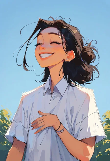 score_9,score_8_up,core_7_up, <lora:samdoesarts_pdxl_v1:1>1girl, solo, jewelry, smile, simple background, closed eyes, black hair, shirt, bracelet, white shirt, collared shirt, teeth, earrings, upper body,outdoors, blue sky,t-shirt