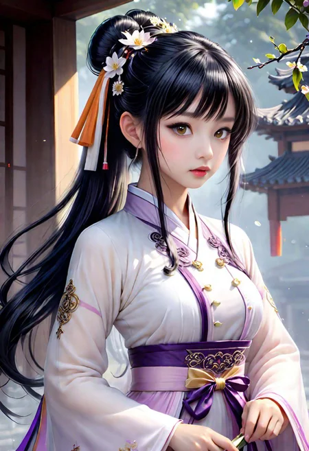 (masterpiece, best quality, ultra-detailed, best shadow), (detailed background,dark fantasy), (beautiful detailed face), high contrast, (best illumination, an extremely delicate and beautiful), ((cinematic light)), colorful, hyper detail, dramatic light, intricate details,fantasy, (1little cute girl, black ponytail hair,big orange eyes, big breasts, (translucent white hanfu:1.3), bareshoulders,navel,dynamic angle), depth of field,golden light particles,(broken purple glass),magic circle,multi-color eyes, hyper detailed, highly detailed, beautiful, small details, ultra detailed, best quality, 4k, (good anatomy)