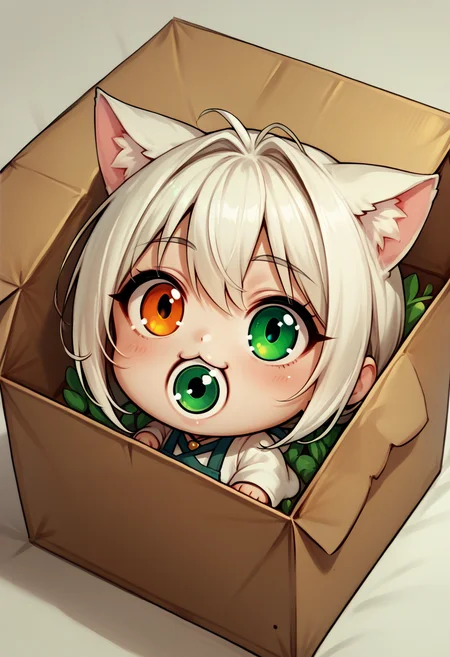 score_9, score_8_up, <lora:NSEyenom:1> NSEyenom, open mouth, eye in mouth, 1girl, <lora:chibi_box_b0xe_v2.1:1> b0xe,in box,chibi,cardboard box, heterochromia, green eyes, orange eyes, cat ears, white hair, cat tail, apron