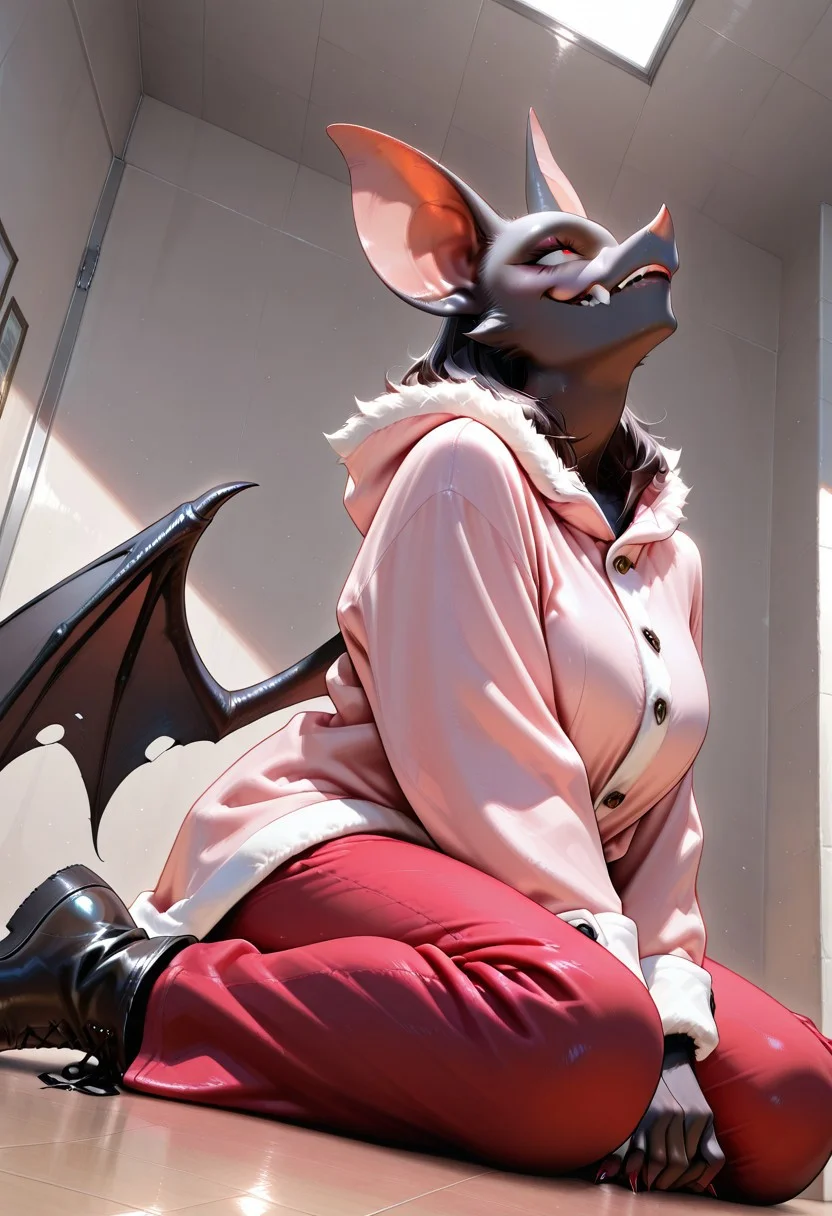 lazympos, AnthroBat,
1girl, demon wings, bat ears, bat snout, bat face, demon horns, pink coat, red trousers, black boots, wariza, looking up, from below