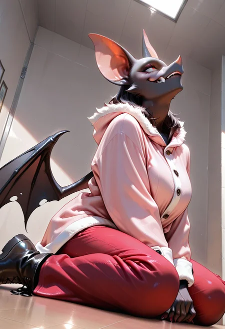 lazympos, AnthroBat,
1girl, demon wings, bat ears, bat snout, bat face, demon horns, pink coat, red trousers, black boots, wariza, looking up, from below