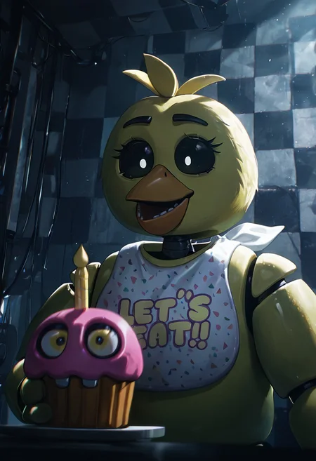 masterpiece, best quality, amazing quality, very aesthetic, absurdres, newest, detailed background, foreground blur, 
chica, 1girl, beak, bib,  joints, animatronic
dark room, checkered walls, grey walls, holding cupcake, black sclera, small pupils, white pupils,