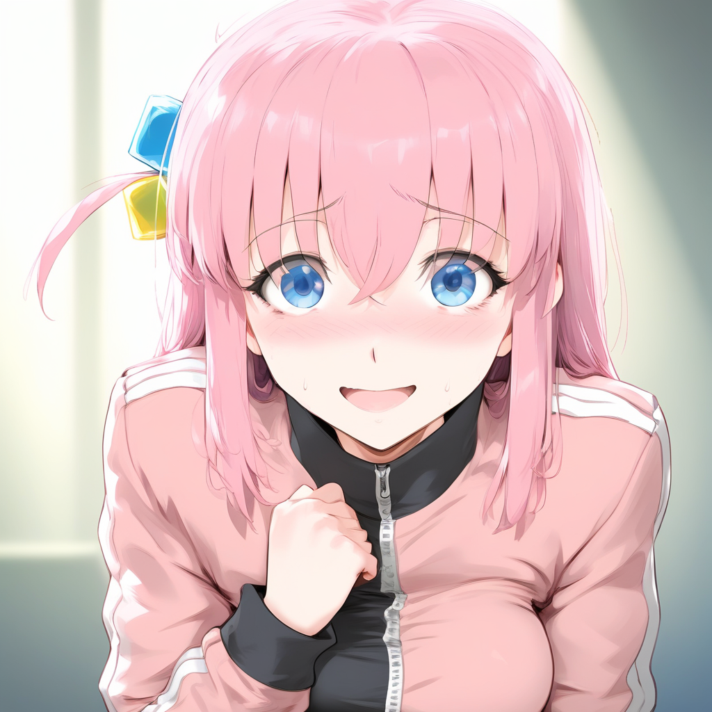 (extremely detailed CG unity 8k wallpaper),eye catching,(masterpiece), (best quality), (ultra-detailed), extremely detailed,(best illustration), an extremely delicate and beautiful ,CG ,unity ,8k wallpaper,solo, smile, masterpiece, best quality, smile, highly detailed,  score_4_up, score_anime, score_realstic, gotou1, gotou hitori, solo, skirt, pink jacket, track jacket, bangs, hair between eyes, long sleeves, medium breasts